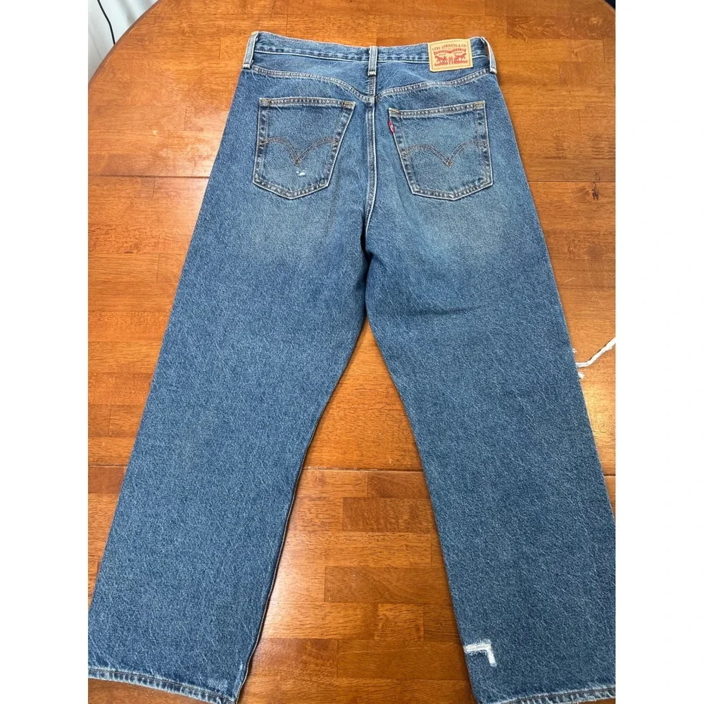 Levi's Ribcage Straight Ankle Jeans Womens 31 Blue Distressed High Rise Denim